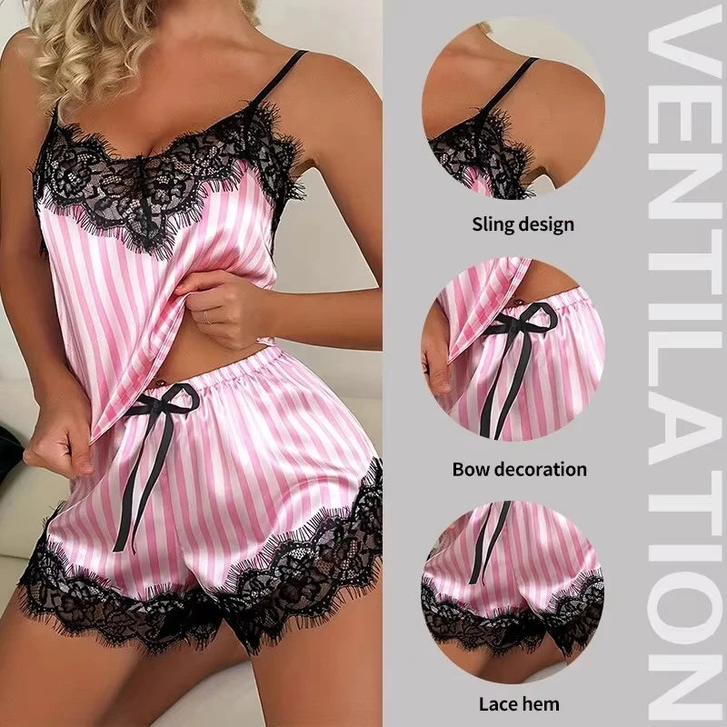 Two Piece Women's V-Neck Sexy Lace Suspender Pajama Shorts Set Casual Women's Sleeveless Sexy Pajama Set