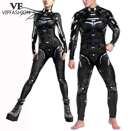 VIP FASHION Woman Man Punk Zentai Suit Robot 3D Print Cosplay Costume Front Zipper Couple Sexy Jumpsuit Carnival Party Clothes