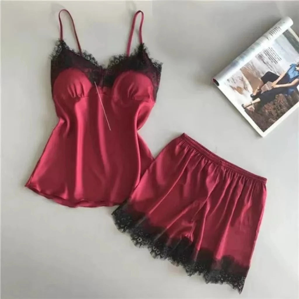 Women's Halter Pajamas 2 PCS Camisole And Shorts Home Wear Red Black Sexy Lace S M Ventilate Comfort