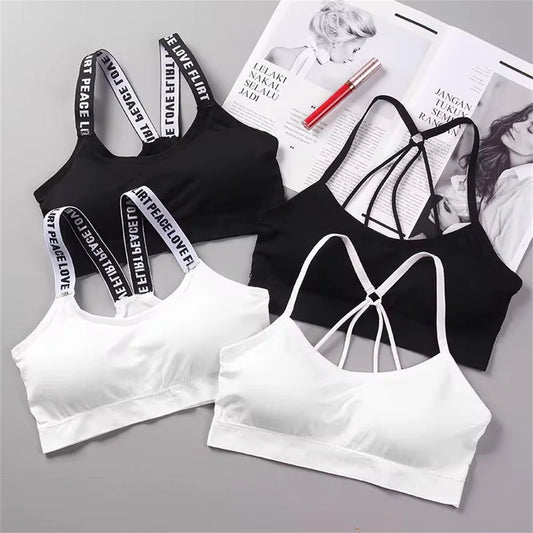 Letter strap back underwear women without underwire integrated with chest cushion back heart strap women wrap chest fitness yoga