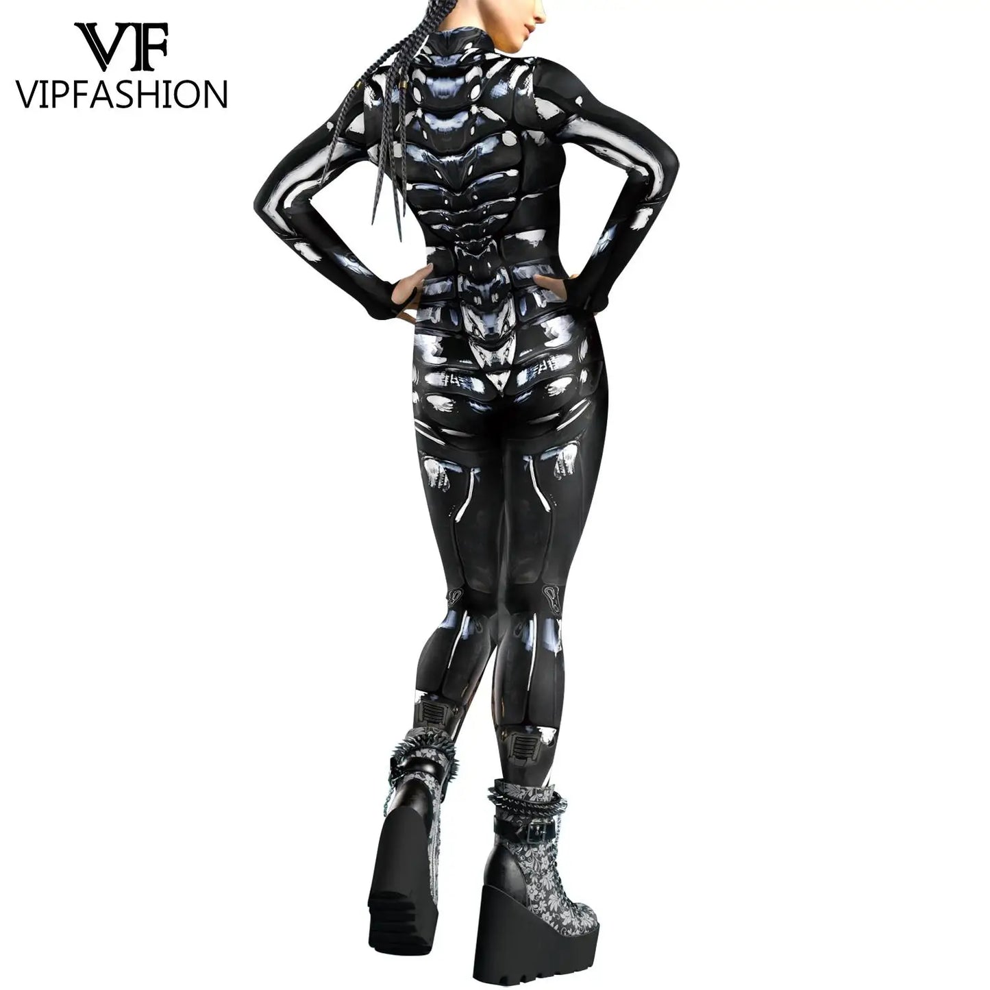 VIP FASHION Woman Man Punk Zentai Suit Robot 3D Print Cosplay Costume Front Zipper Couple Sexy Jumpsuit Carnival Party Clothes